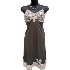 Pantone Mocha Brown VTG 60s Slip Dress Floral Lace Women’s 10 Sleeveless Fairy